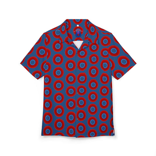 Wilson's 'Epic Hawaiian-Punch' Shirt - vivid red donut print w/light navy blue background [unisex]