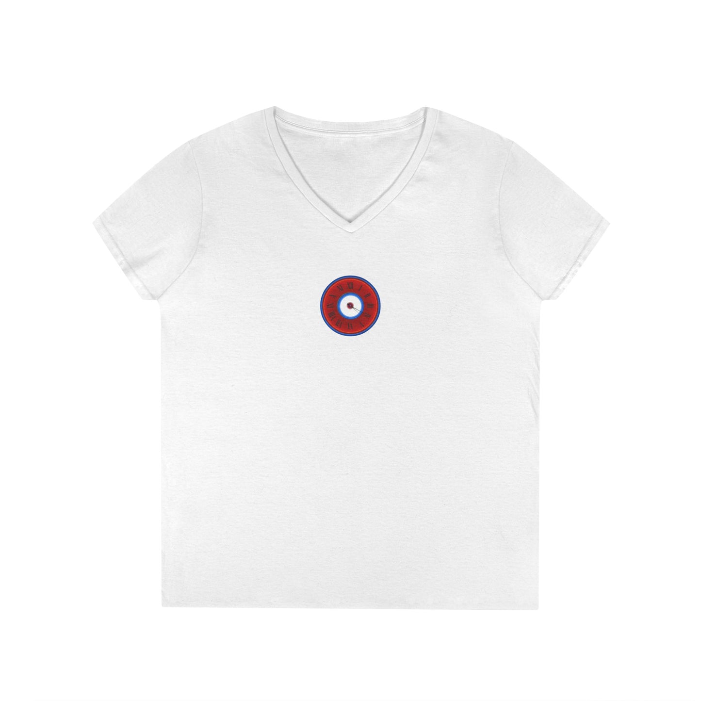 Women's Donut V-Neck Tee - "Time Treasurer's Donut Tee" - vivid red donut w/clock face