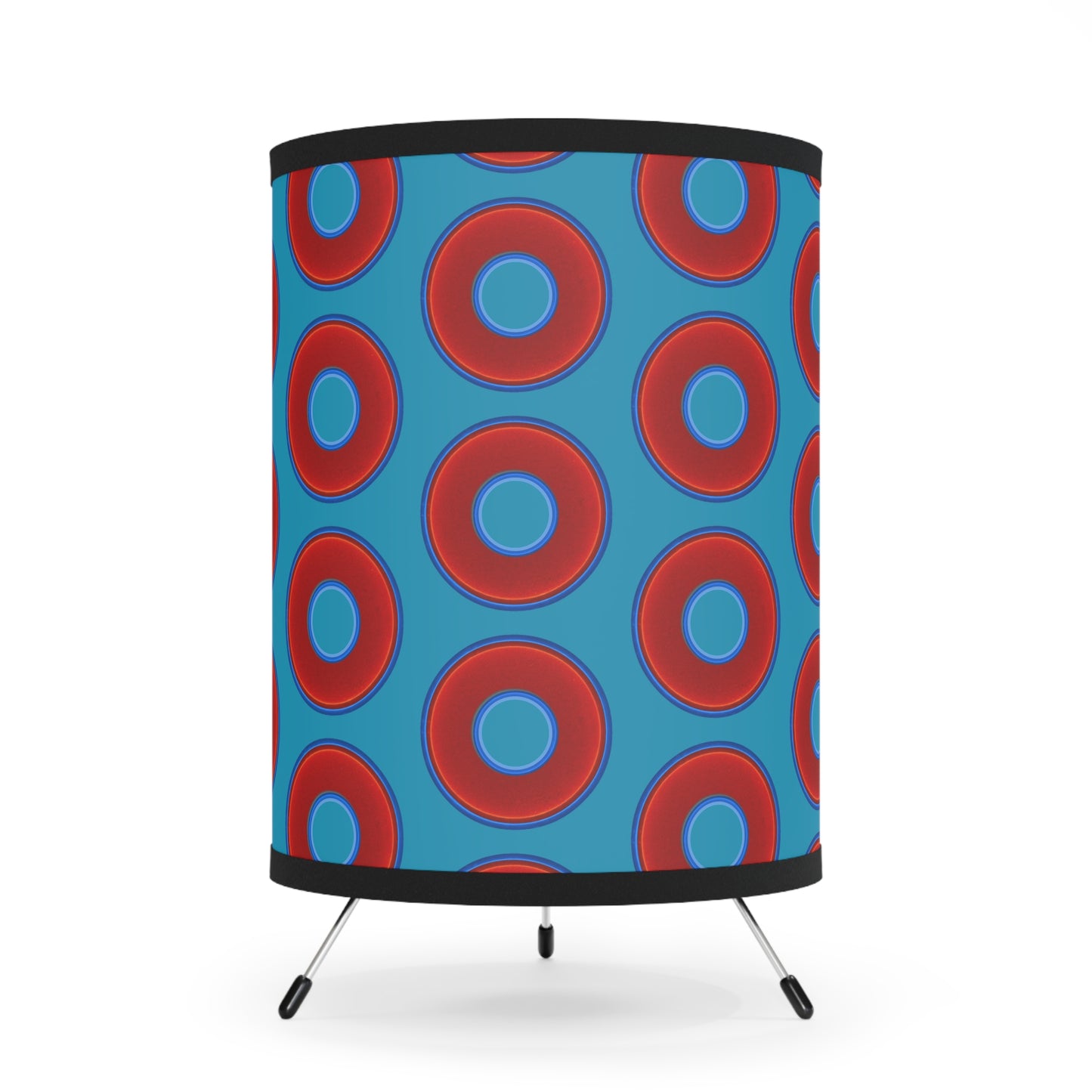 Lumpy Tripod Donut Lamp - vivid red donuts w/aquamarine blue background