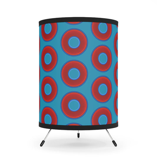 Lumpy Tripod Donut Lamp - vivid red donuts w/aquamarine blue background