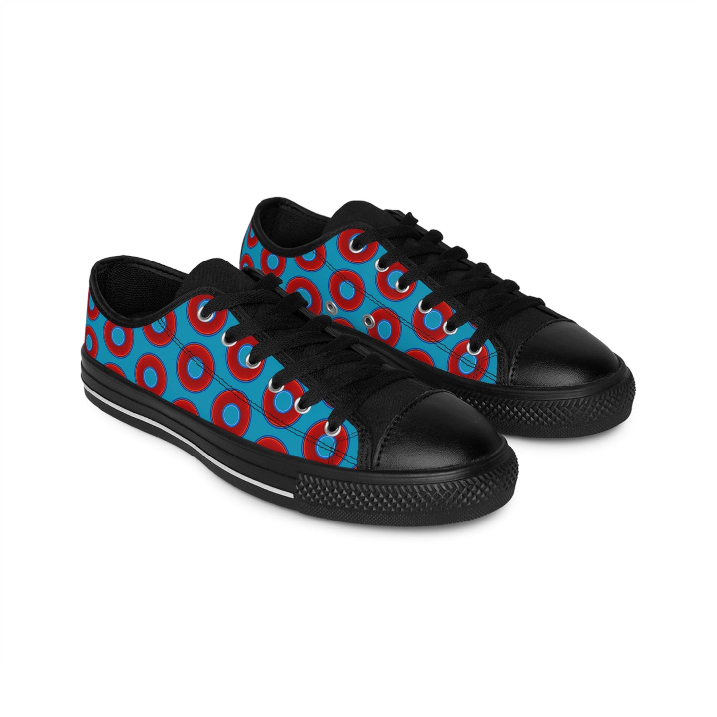 Men's Cushiony Convectors - Low Top - large red vivid donut print w/aquamarine background