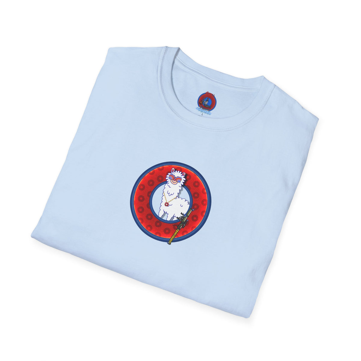 Classic Donut Tee - Unisex Soft-Style - "Medium Paced Llama Donut" - red/blue widemouthed paradox donut
