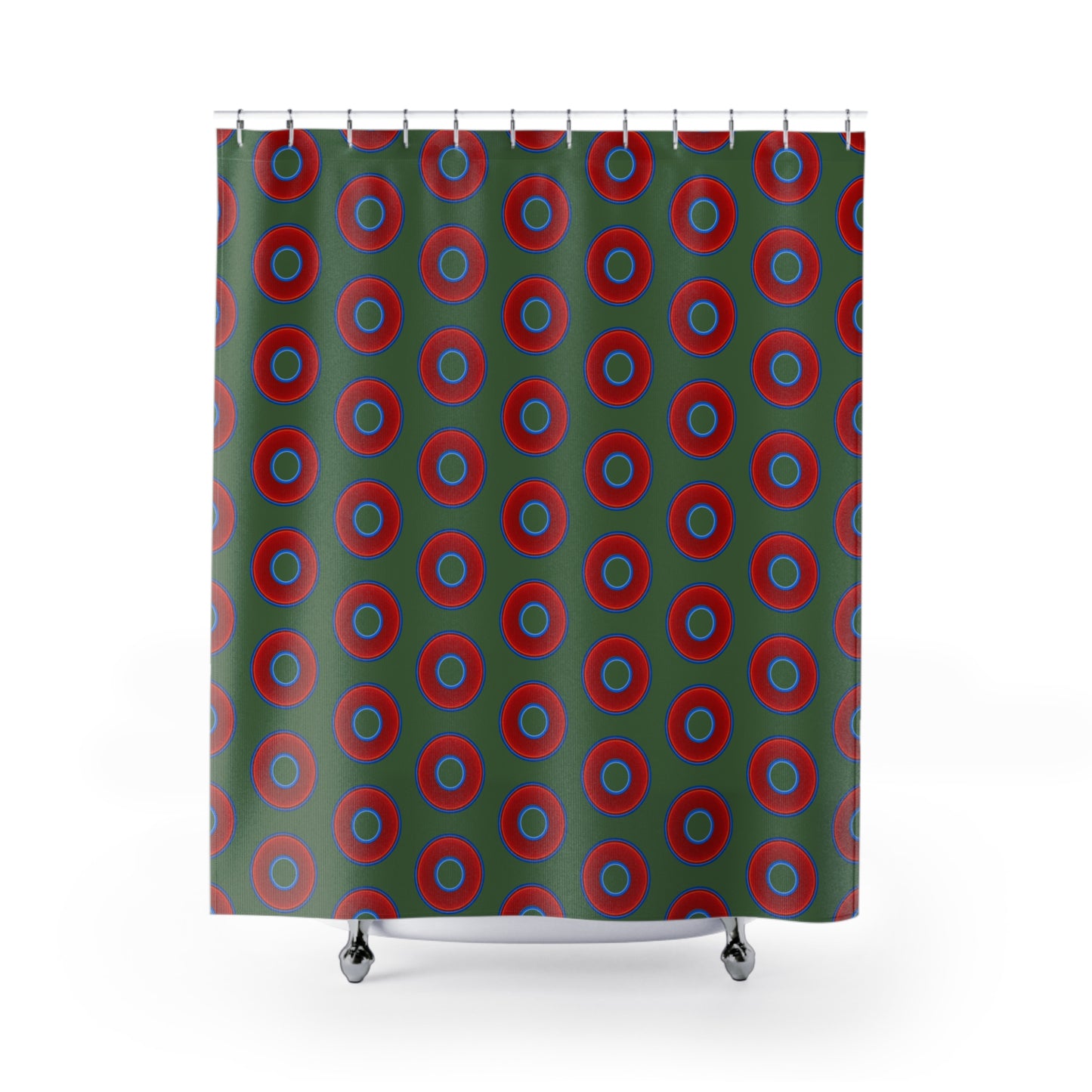 The Curtain With "Donuts" - Lumpy Bath Time Fun - vivid red donuts w/dark green background
