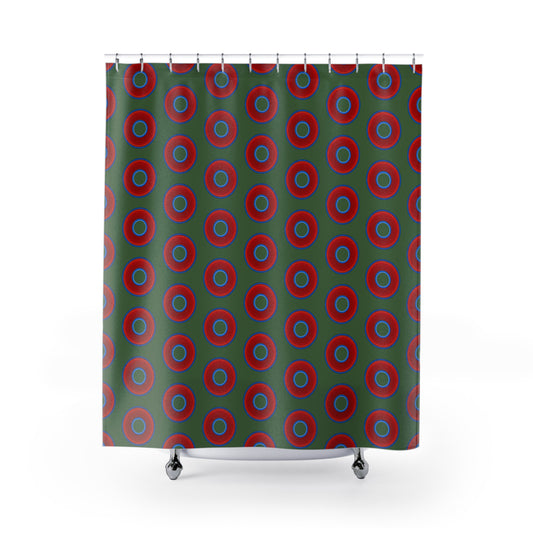 The Curtain With "Donuts" - Lumpy Bath Time Fun - vivid red donuts w/dark green background