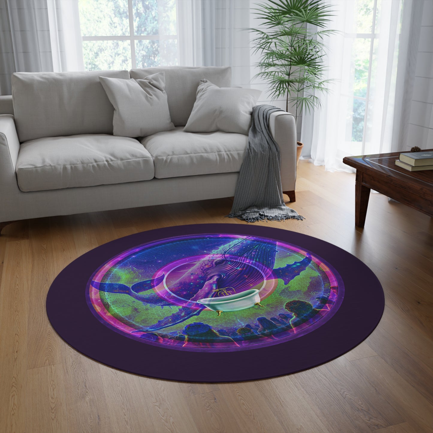Round Room - 5 ft x 5 ft Lumpy Donut Rug - "Whale of a Big Donut Rug" - vivid purple/green pic donut w/midnight purple background - variant 2