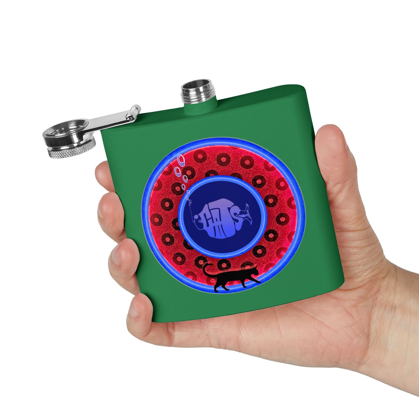 Lump's Donut Flask 6 oz -  red/blue widemouthed paradox donut - [*w/your choice of 6 backgrounds]