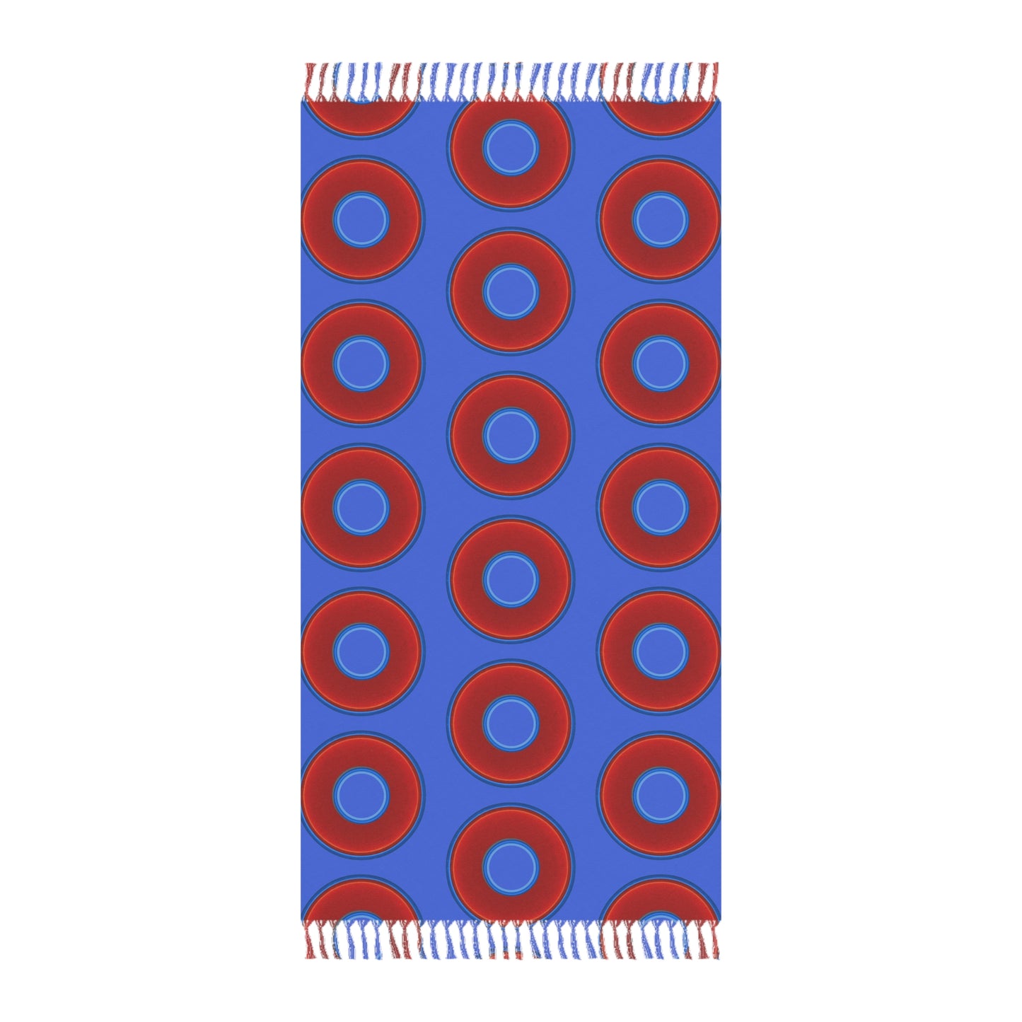 Oversized Lumpy Beach Towel - vivid red donuts w/royal blue background