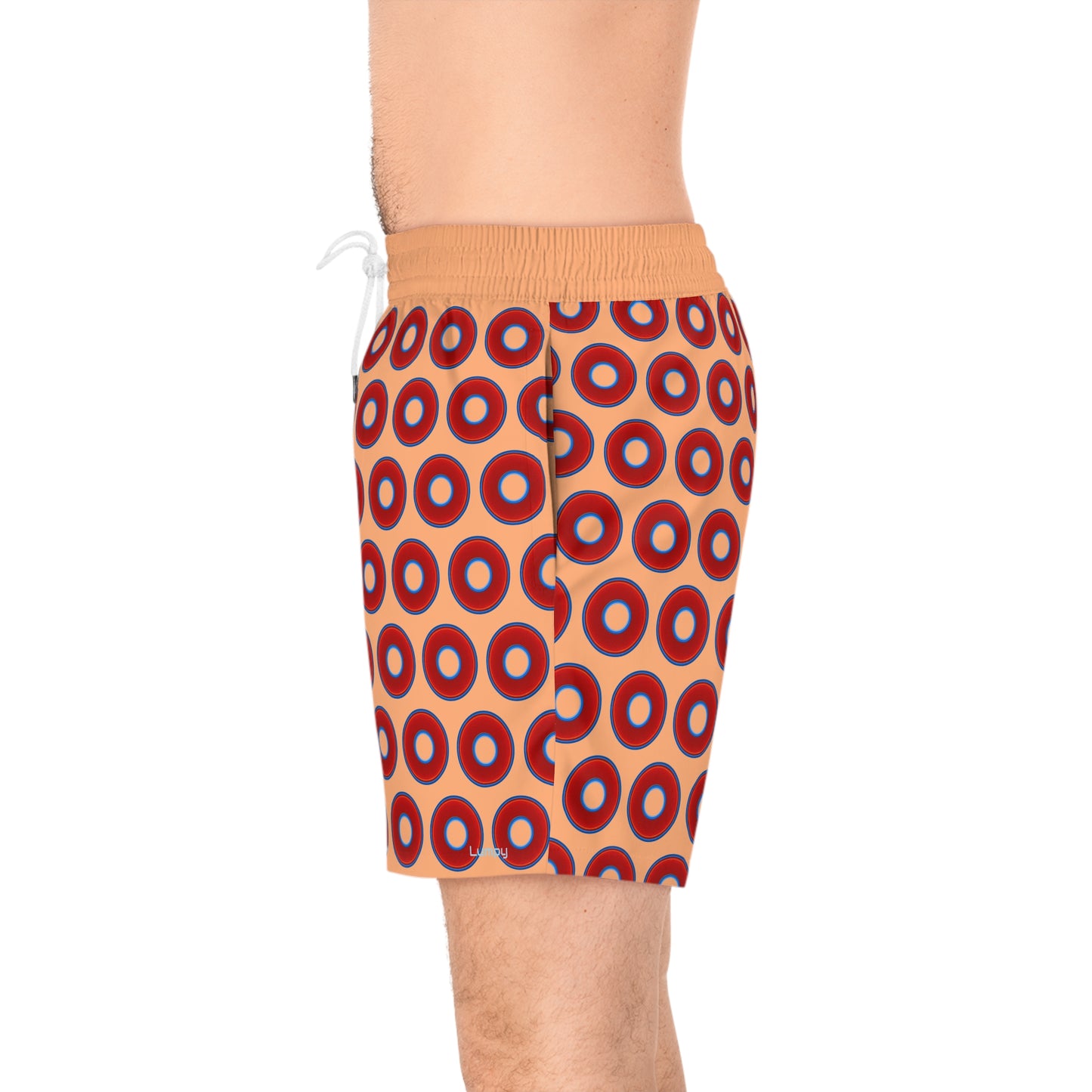 Men's Lumpy Swim Trunks - vivid red donut print w/peach background