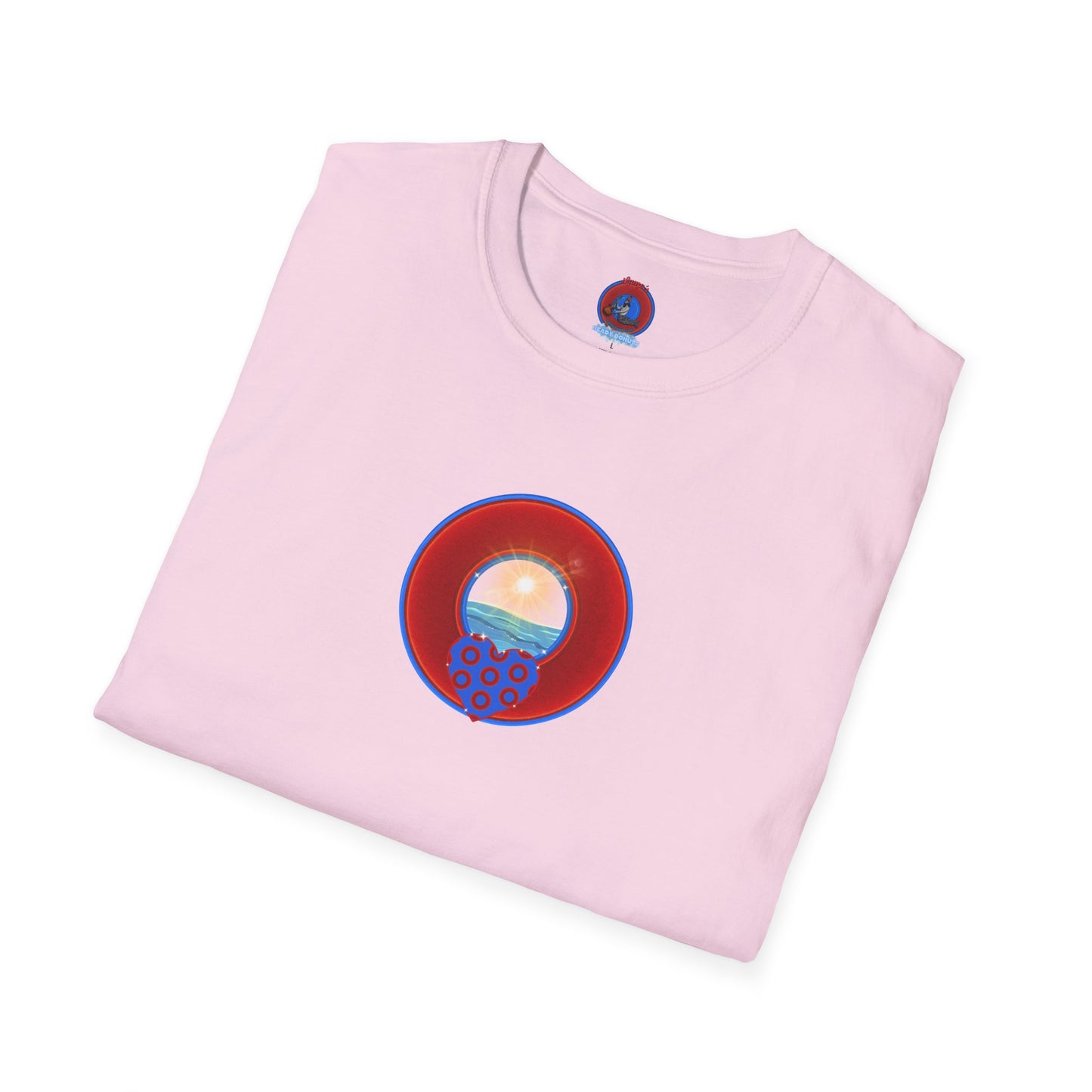 Classic Donut Tee - Unisex Soft-Style - "Ocean Donuts of Love" - vivid red donut - w/sun - variant 2