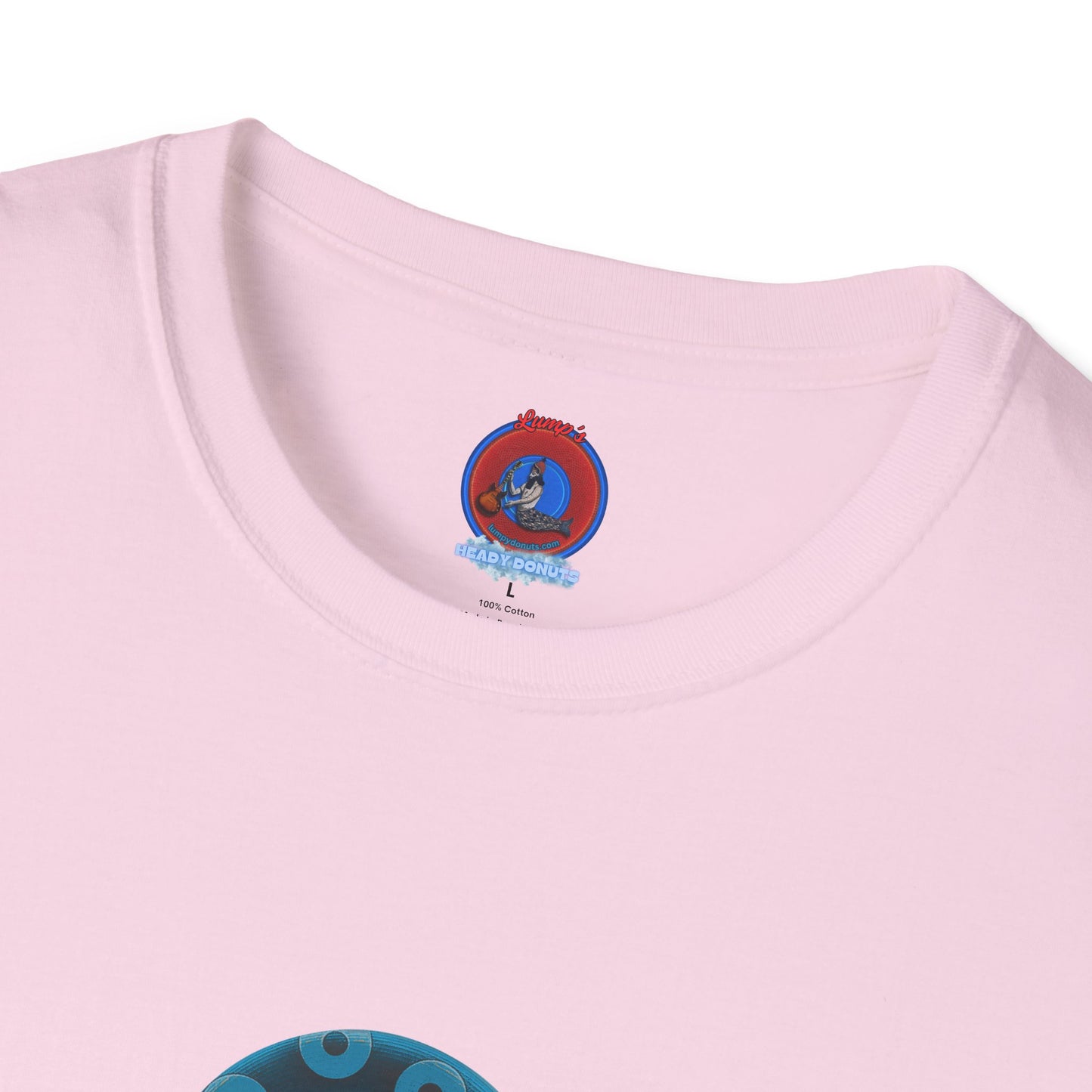 Lumpy Coffee Traders Tee - Unisex Soft-Style - "Good to Last Leaky Drop" - paradoxical donut - variant 2 - ocean donut front/logo back