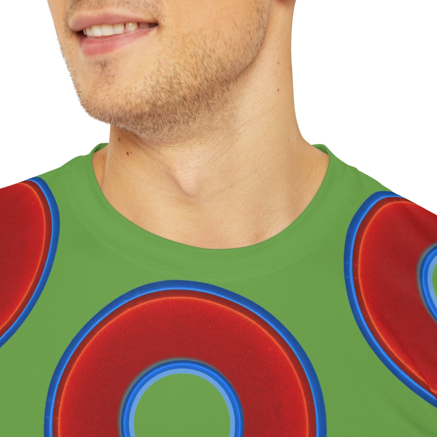 Multi-Beastie Giant Donut AOP Polyester Tee - red vivid donut print w/light green background