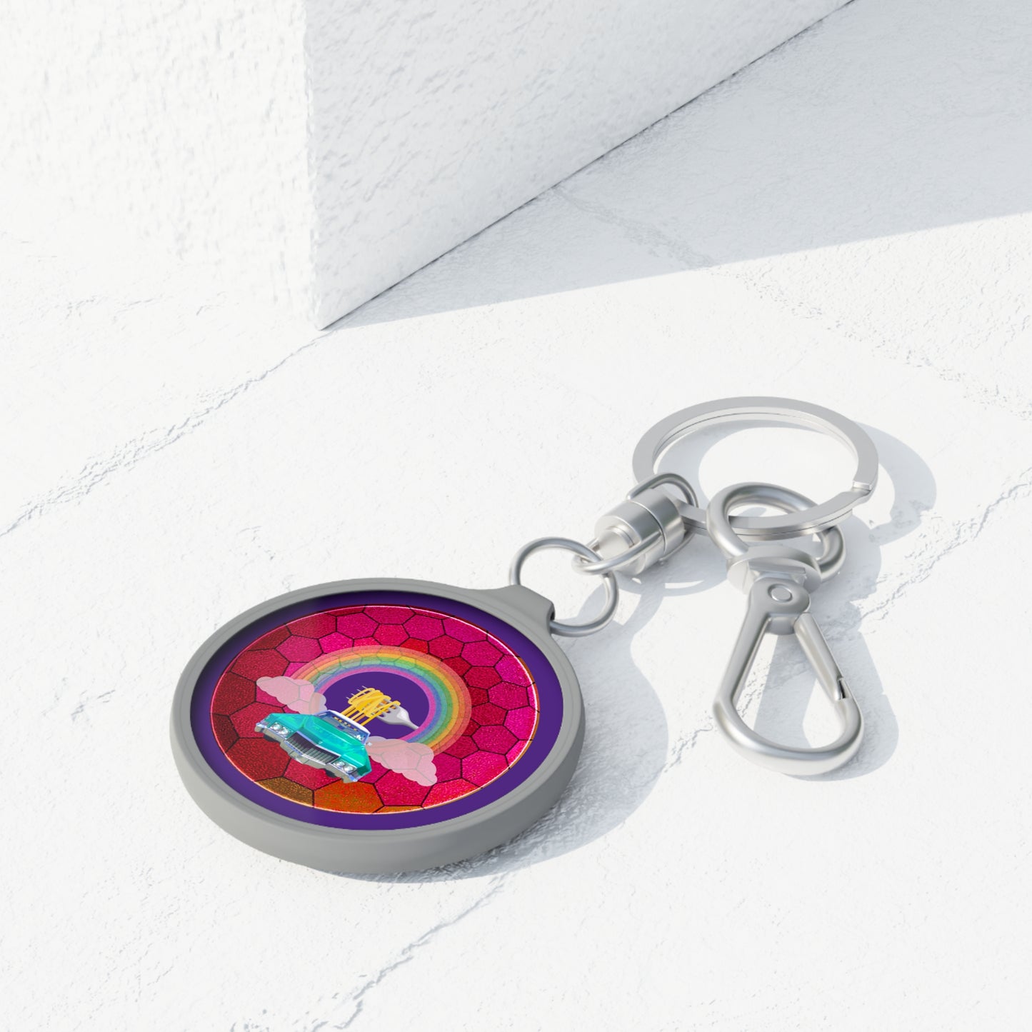 Lumpy Donut Keychain - "Spaghetti Incident in my Caddy" - series 1.0 - variant 1 - magenta hexadonut - w/green Caddy