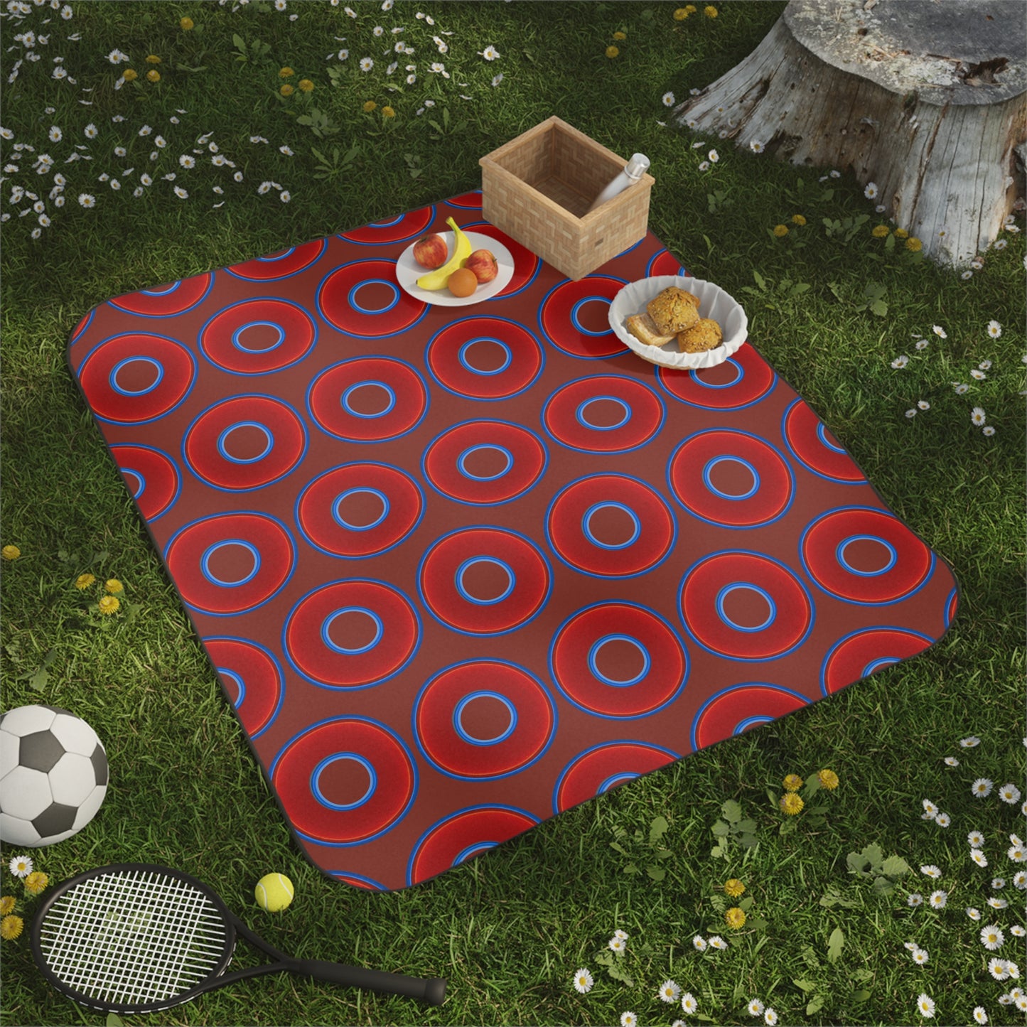 The Lumpy Party Blanket - giant water-resistant outdoor blanket [61" x 51"] - vivid red donuts w/burnt umber background
