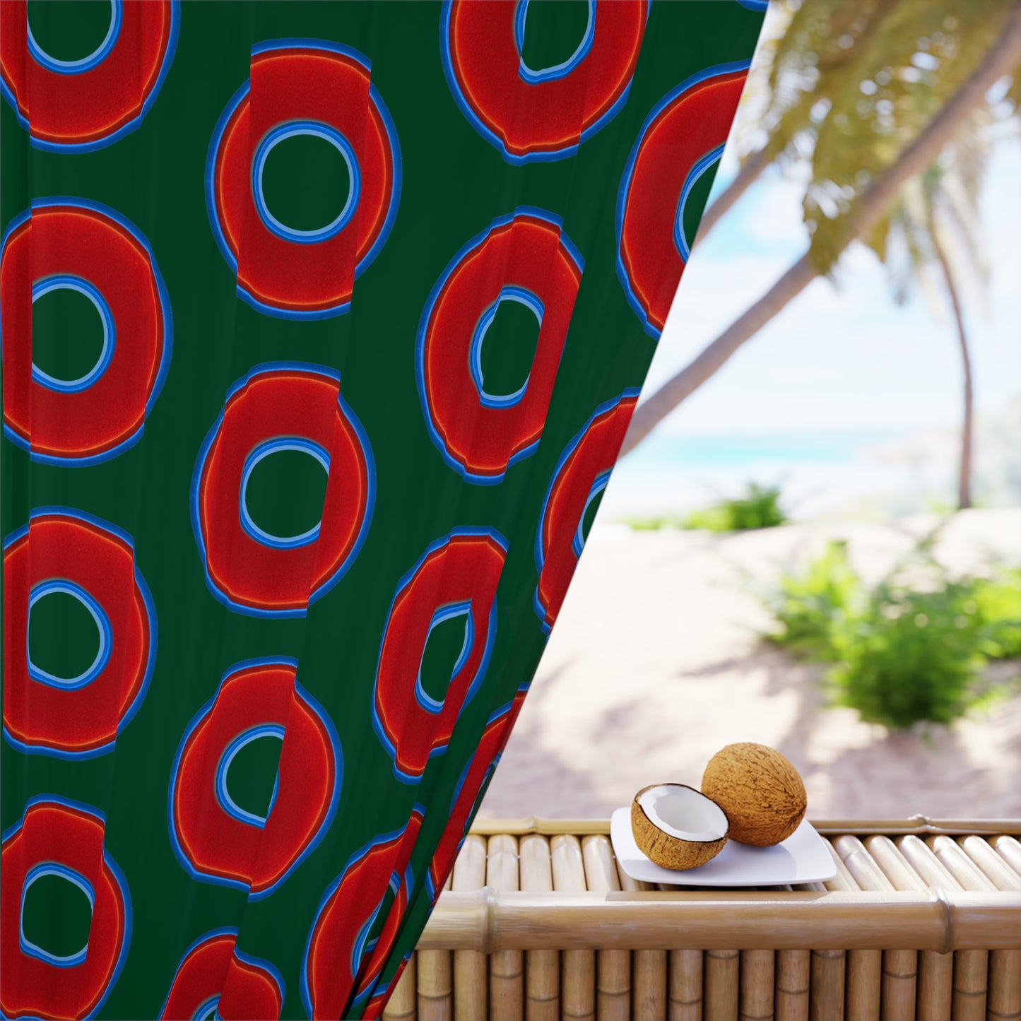 Lump's Heady Curtain w/Donuts - vivid red donut print - w/deep pond green background - [*1 Piece / 50" x 84"]
