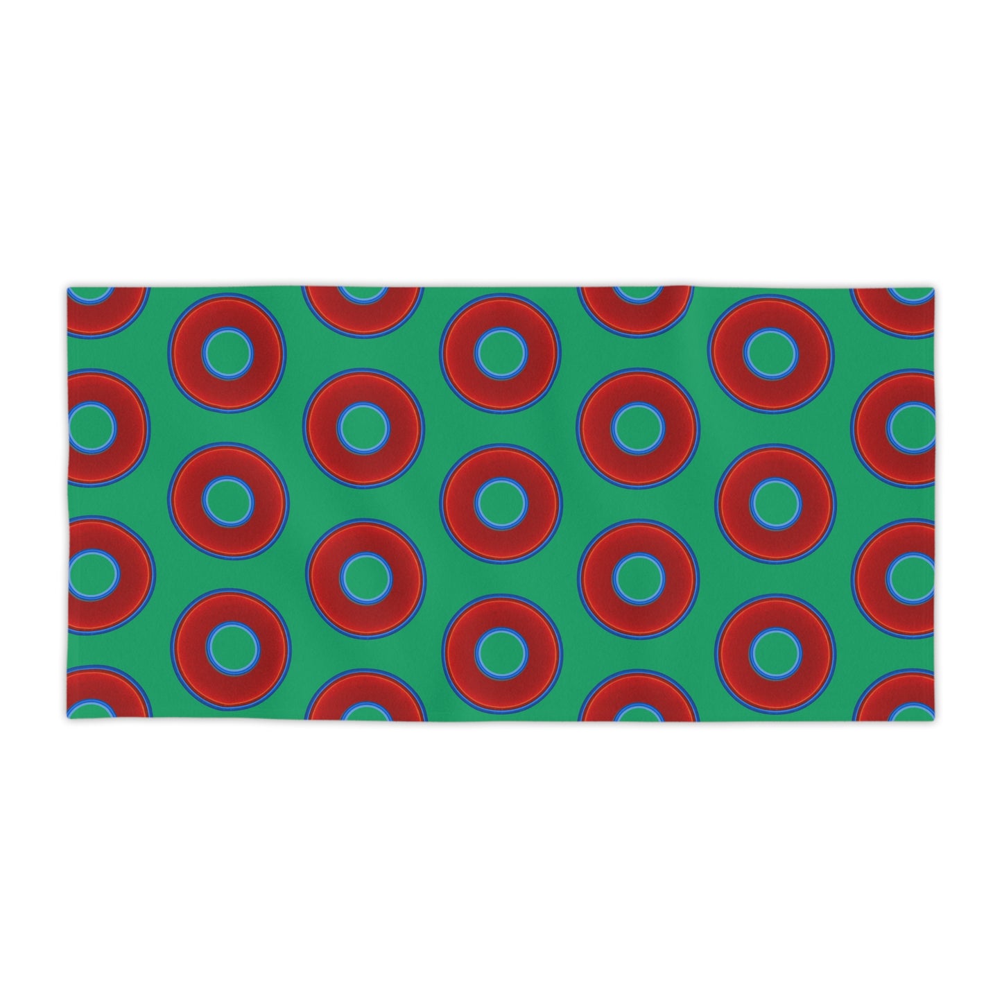 Lumpy Donut Towels - vivid red donuts w/jade green background