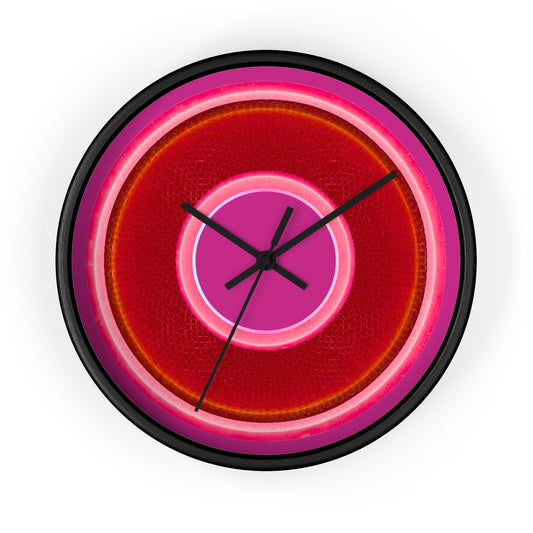 Lumpy Wall Clock - red rustic donut w/pink edging - variant 1 w/fuchsia background