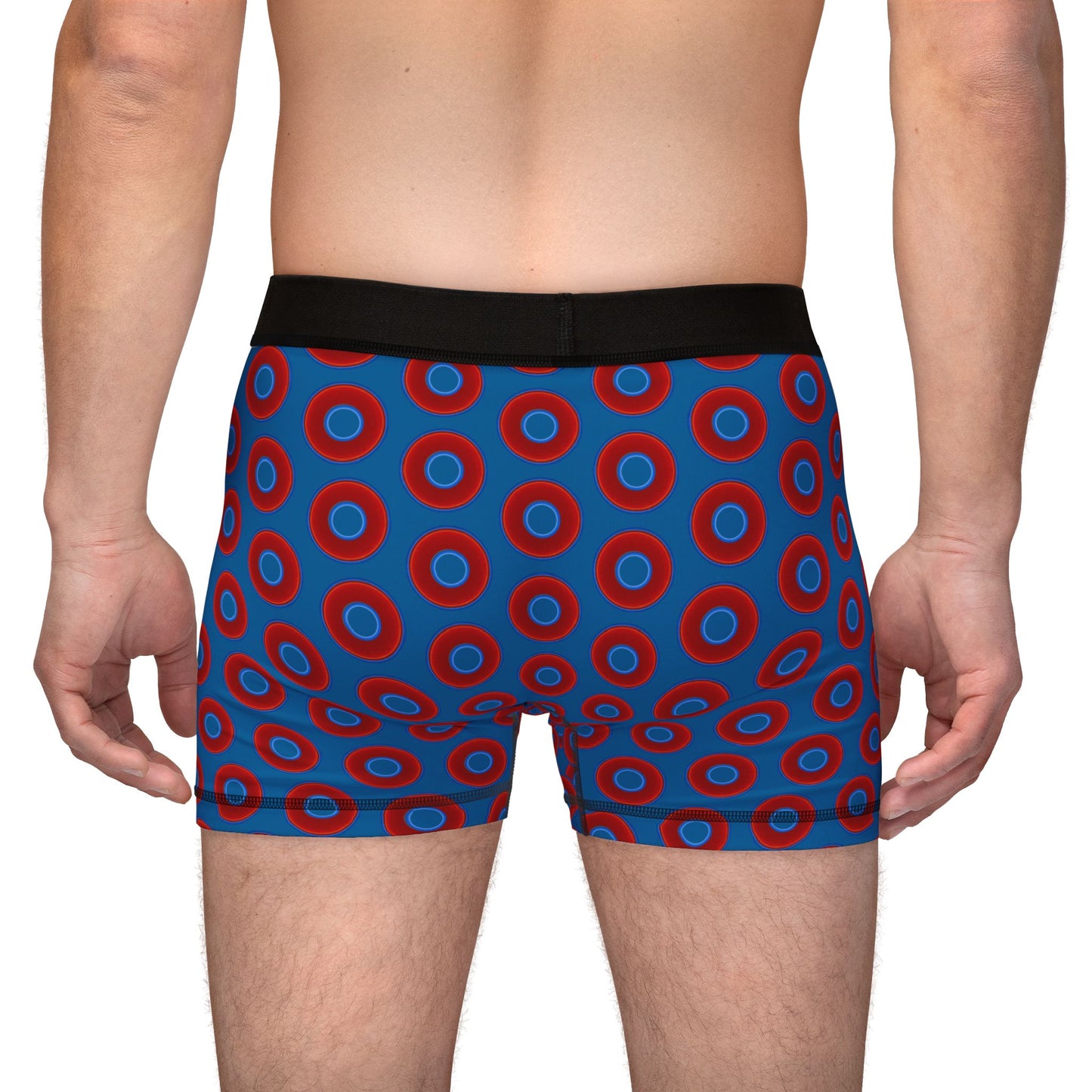 Men's Donut Boxers - red vivid donuts w/wavy navy blue background