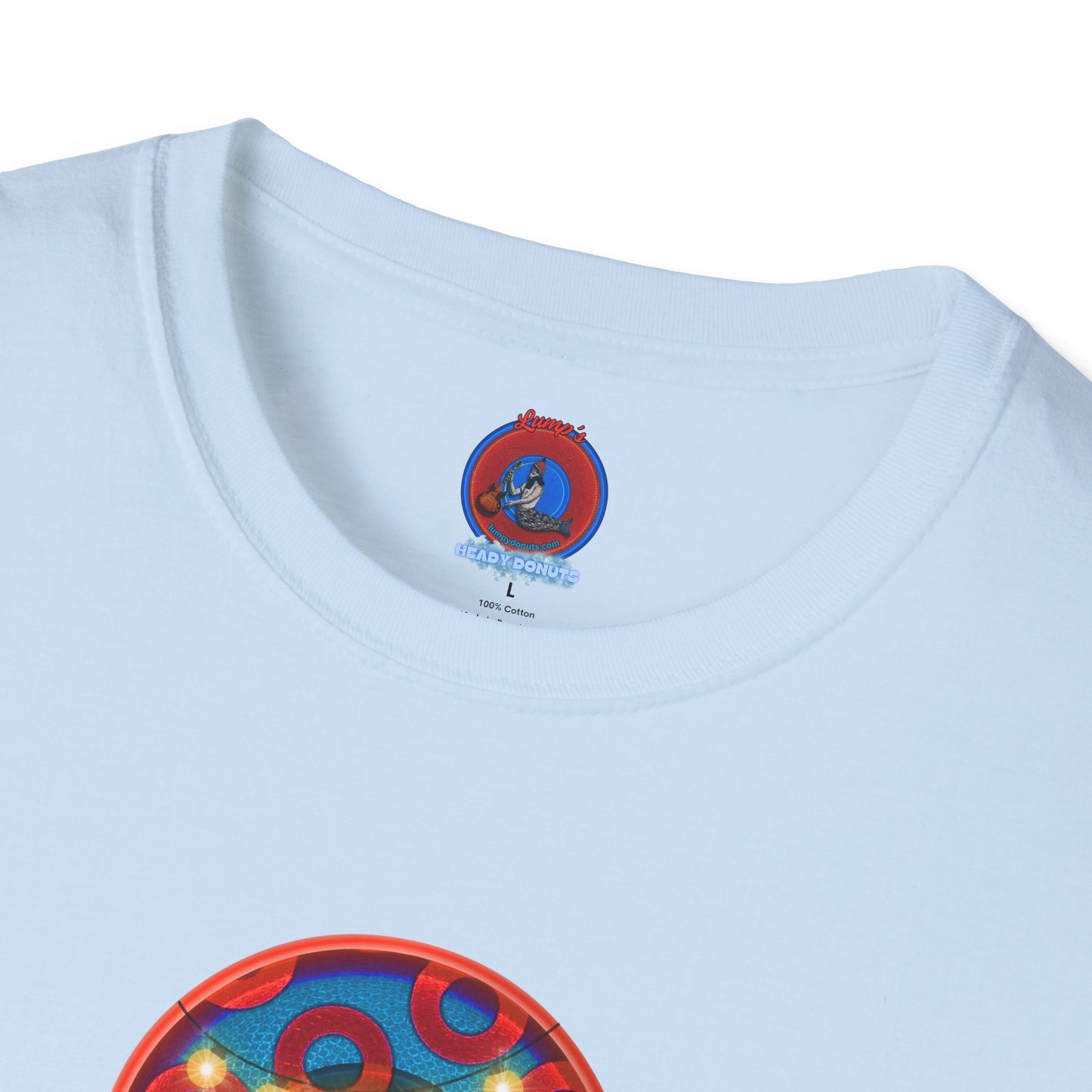 Classic Donut Tee - Unisex Soft-Style - "MORE Donuts Please" - rustic dark blue/red paradox donut - variant 1