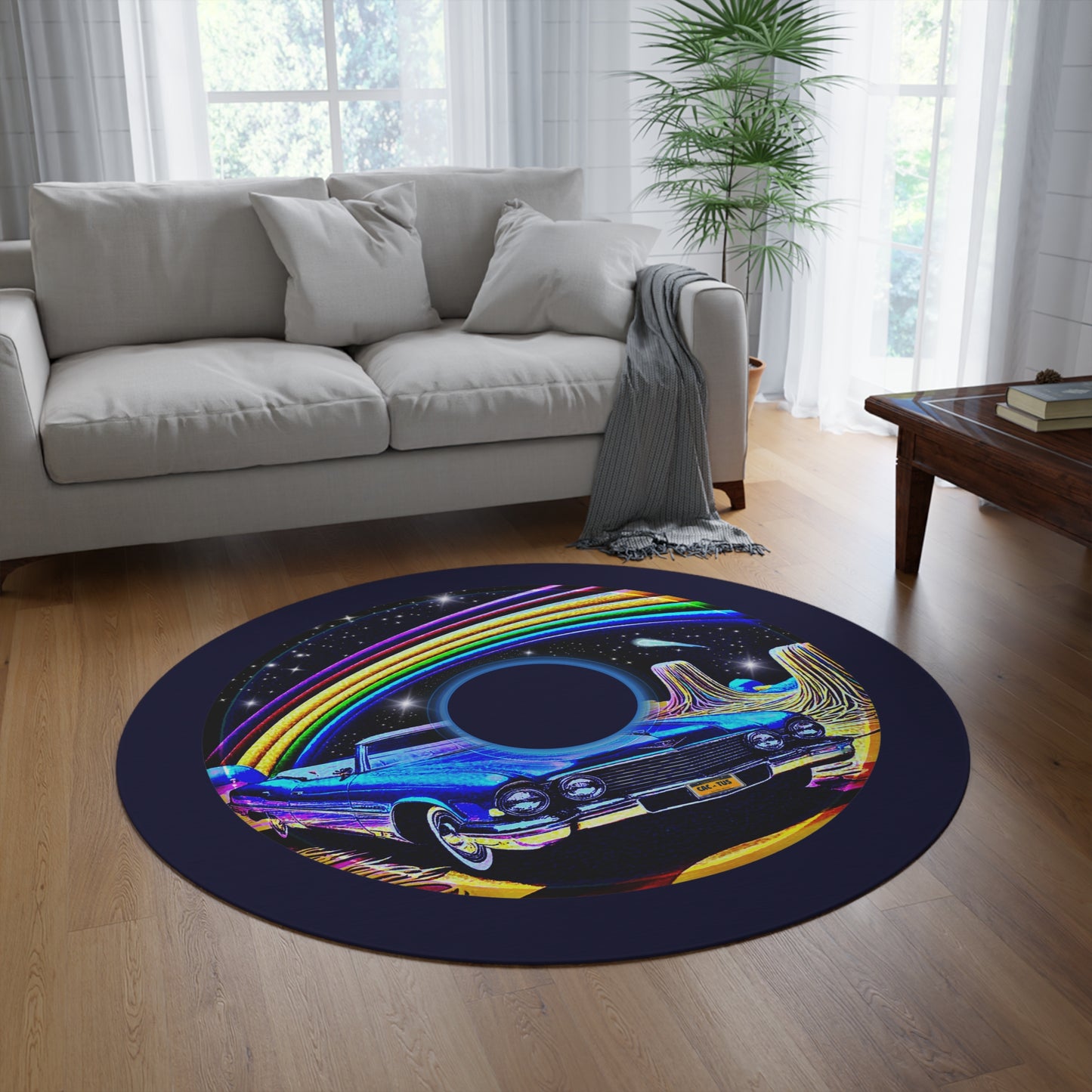 Round Room - 5 ft x 5 ft Lumpy Donut Rug - "Halley's Caddy Donut Rug" - black/blue pic donut w/midnight blue background - variant 2