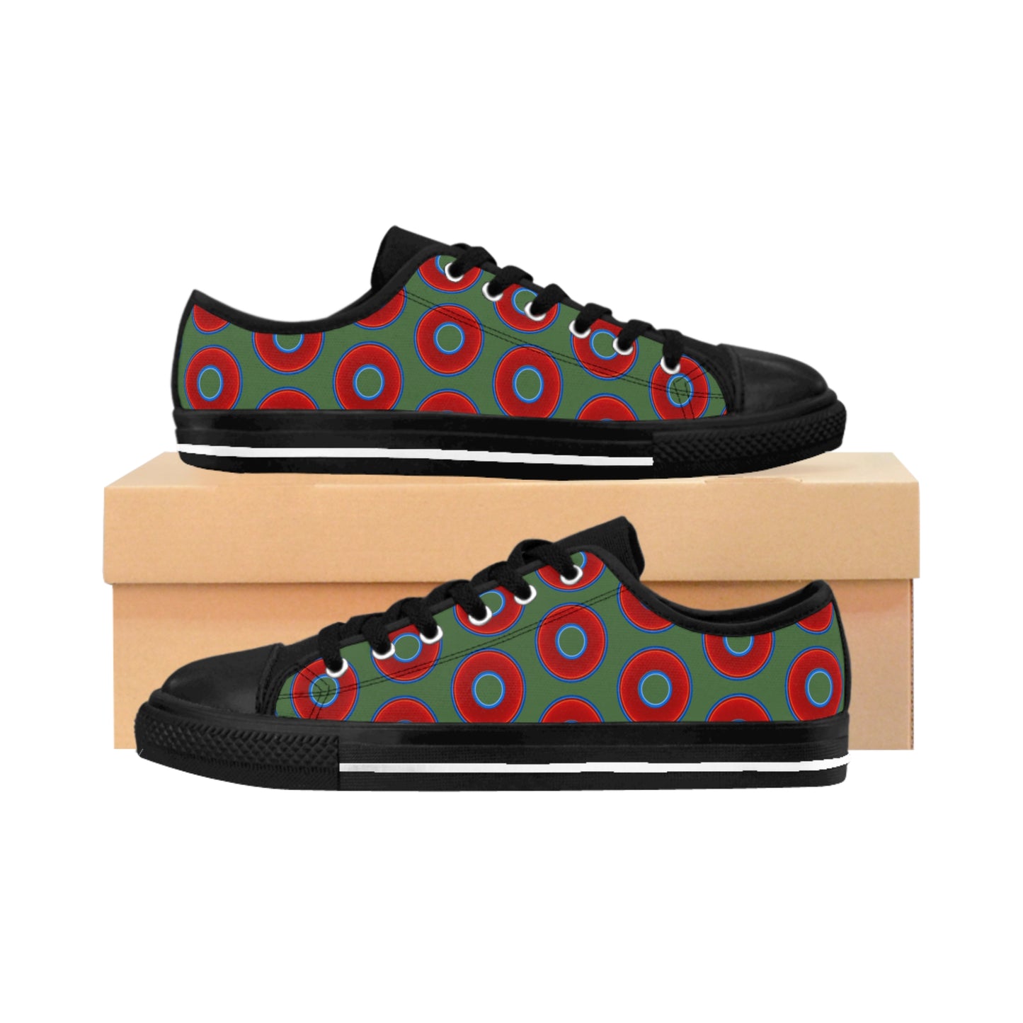 Men's Cushiony Convectors - Low Top - large red vivid donut print w/dark Fenway green background