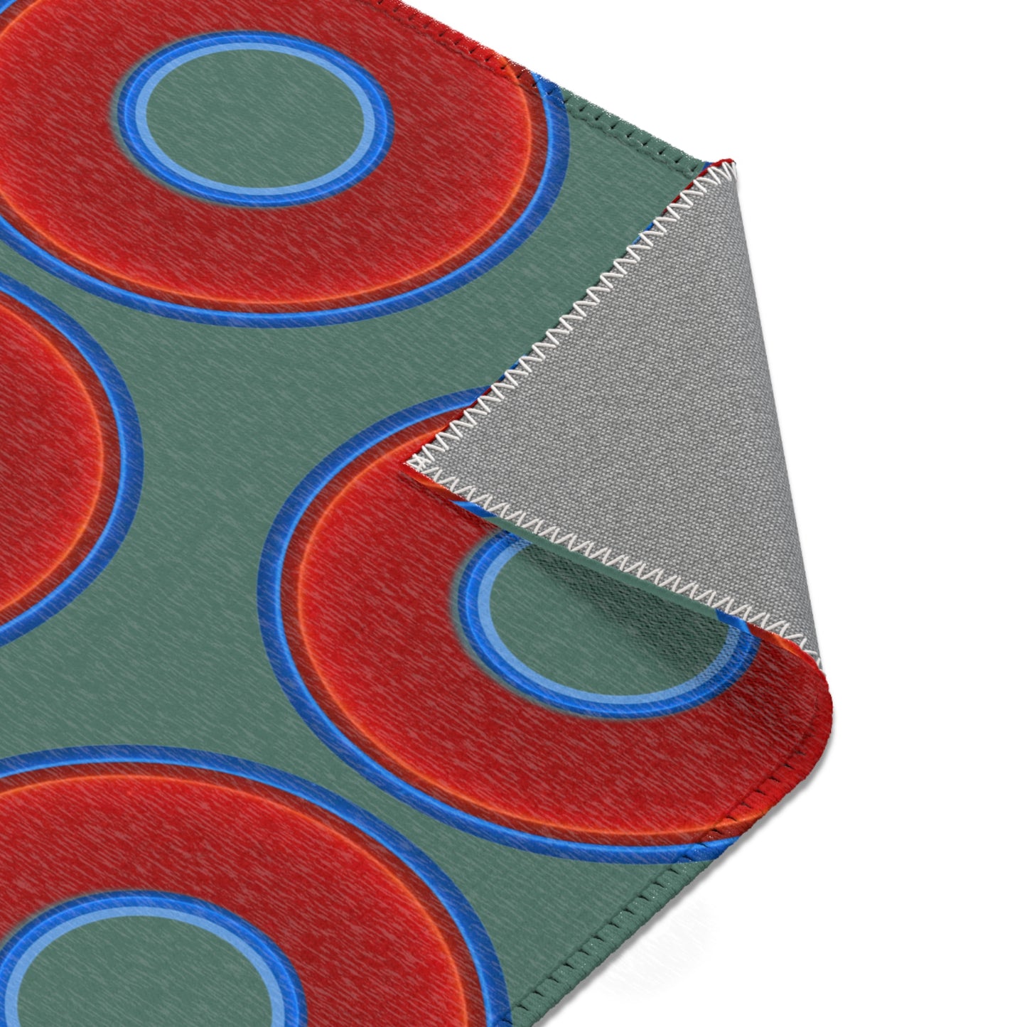 Lumpy Donut Print Rug - choice of 3 sizes - vivid red donut print w/Fenway green background