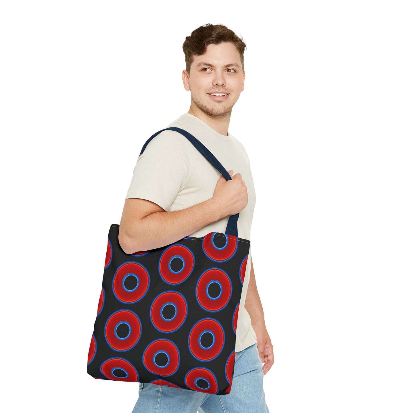 Lumpy Beach/Tote Bag - red vivid donuts w/black background