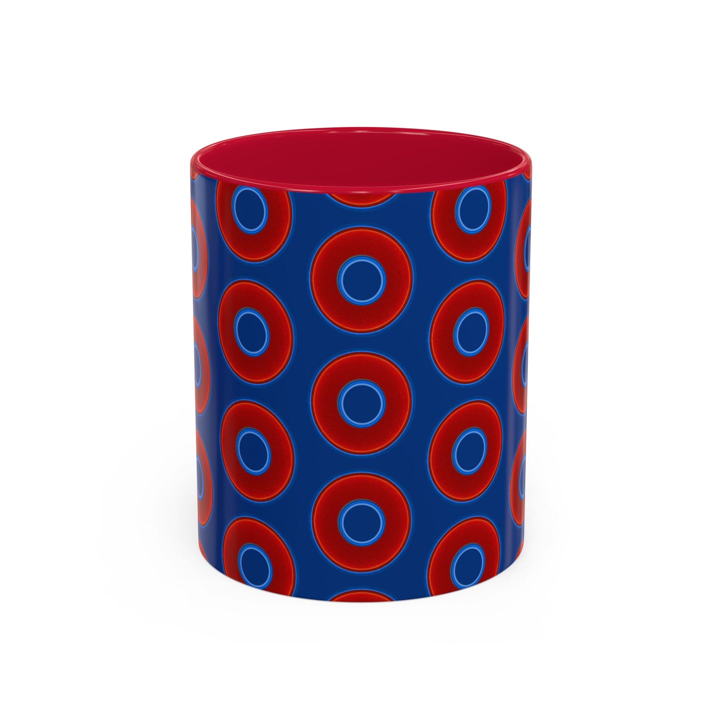 Lump's Grumpy Coffee Mug - vivid red donuts w/dark blue background
