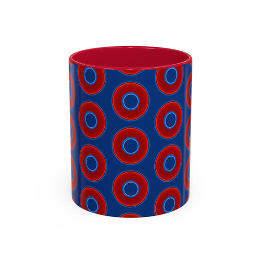 Lump's Grumpy Coffee Mug - vivid red donuts w/dark blue background