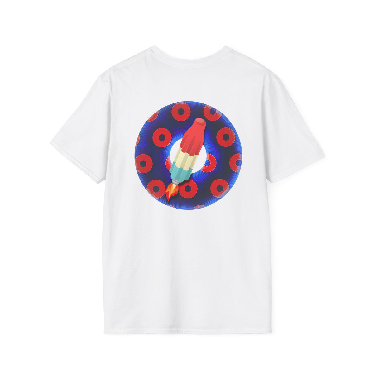 Classic Donut Tee - Unisex Soft-Style - "Blow this Popsicle Stand" - blue/red paradox bomb pop donut - variant 1