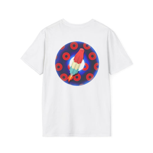 Classic Donut Tee - Unisex Soft-Style - "Blow this Popsicle Stand" - blue/red paradox bomb pop donut - variant 1