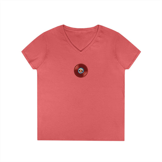 Women's Donut V-Neck Tee - "Waste of a Perfectly Good Donut" - variant 1 - vivid red record donut w/