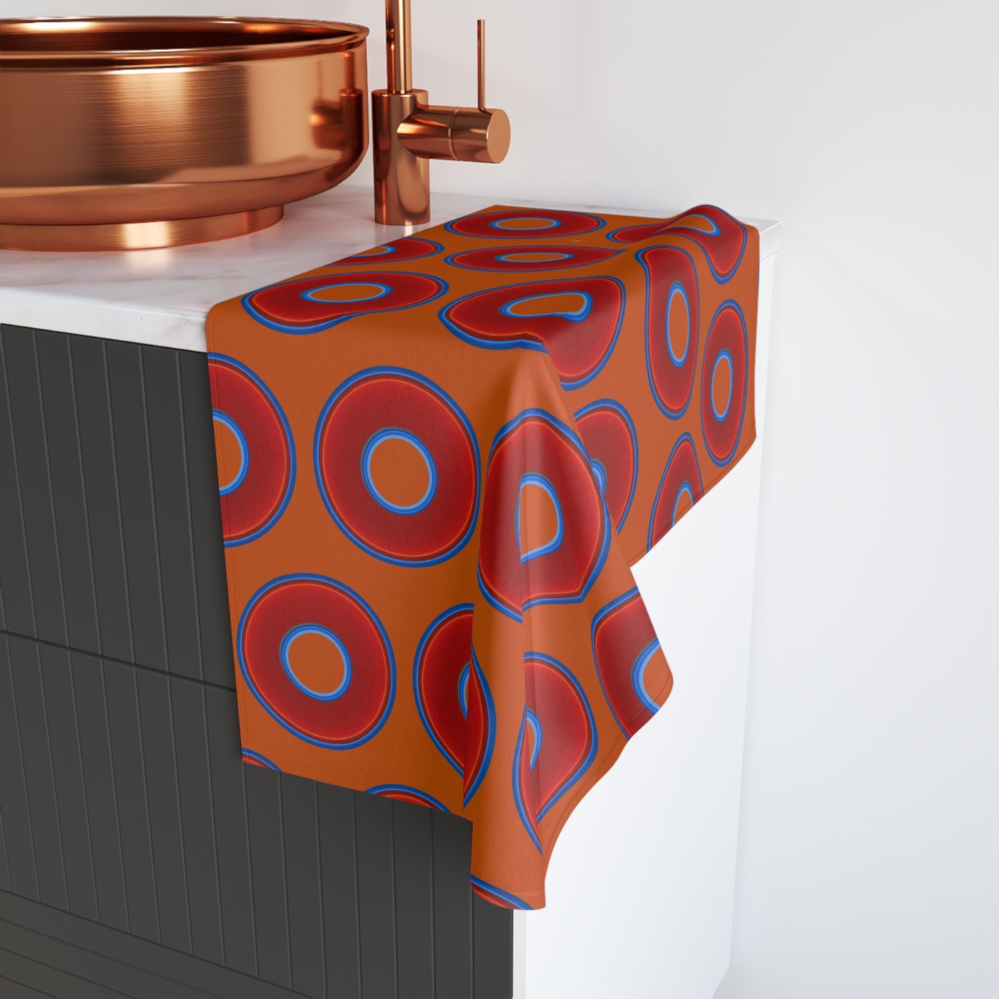 Lumpy Kitchen/Hand Towels - vivid red donuts w/dark orange background