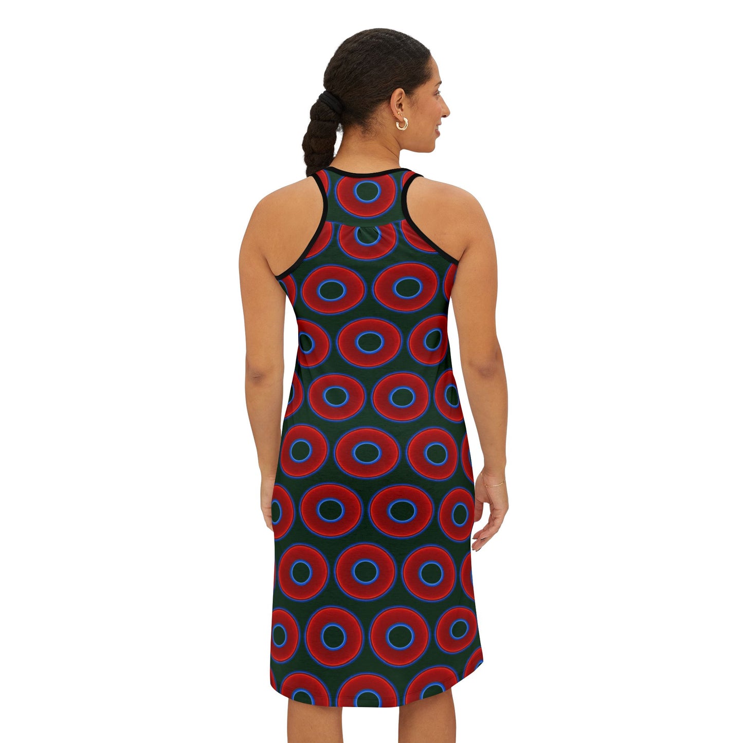 Tela's Lumpy Racerback Donut Dress - red vivid donut print w/deep pond green background