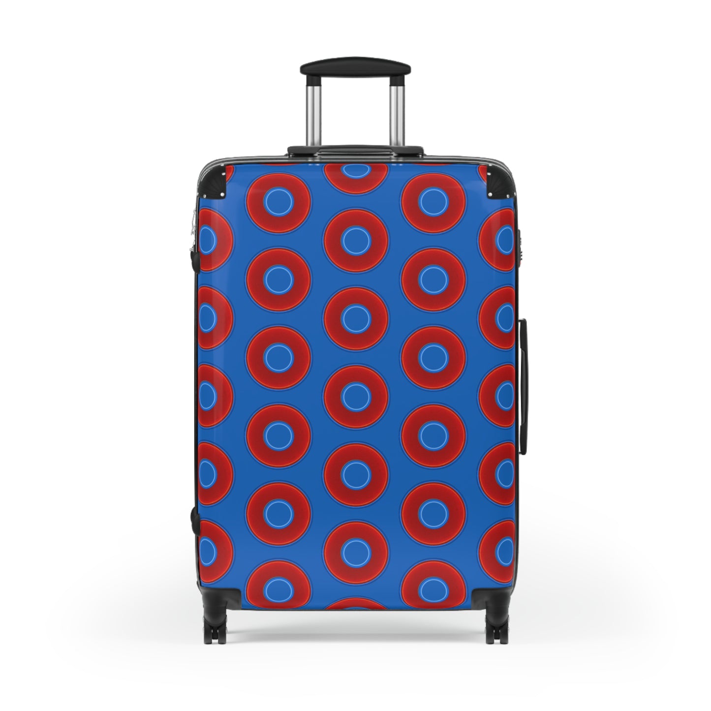 The Very Lumpy Donut Suitcase series - your choice of S, M or L - vivid red donut print w/dark royal blue background