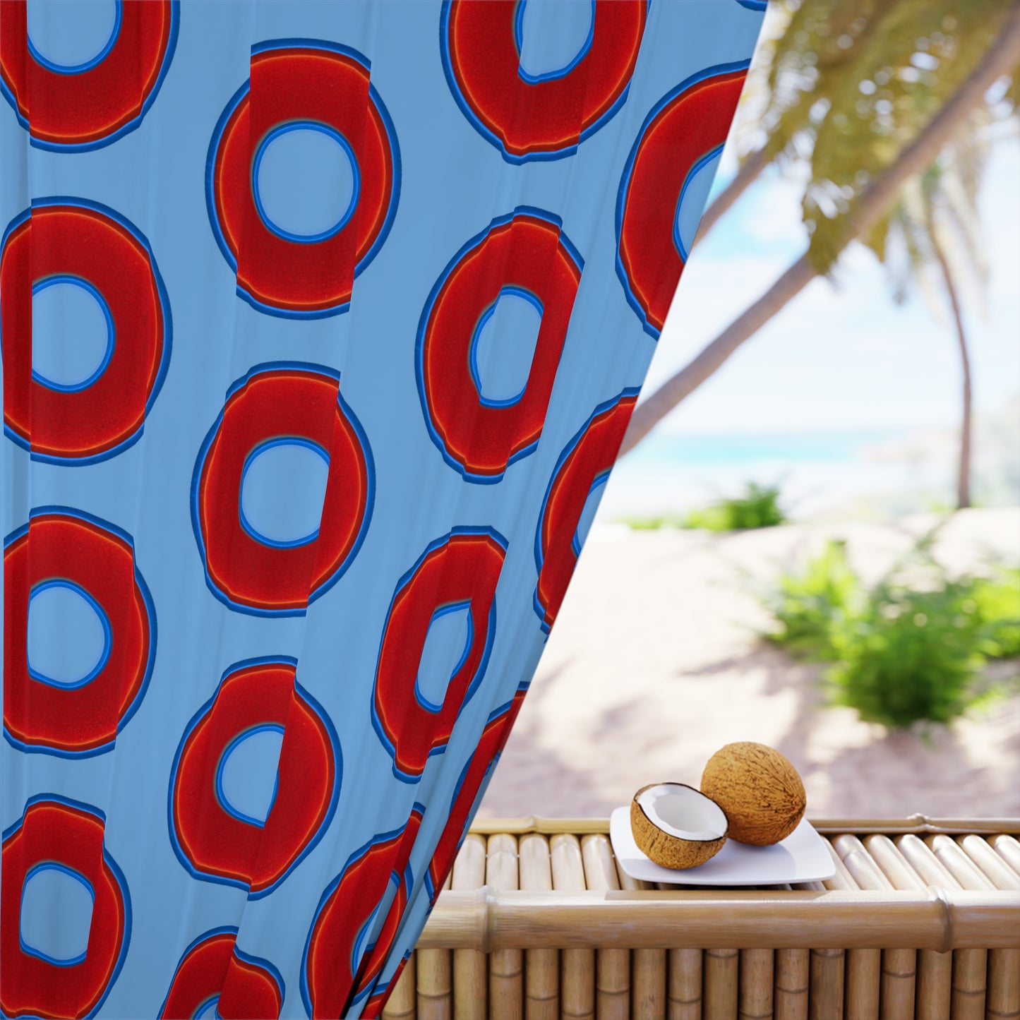 Lump's Heady Curtain w/Donuts - vivid red donut print - w/light blue background - [*1 Piece / 50" x 84"]