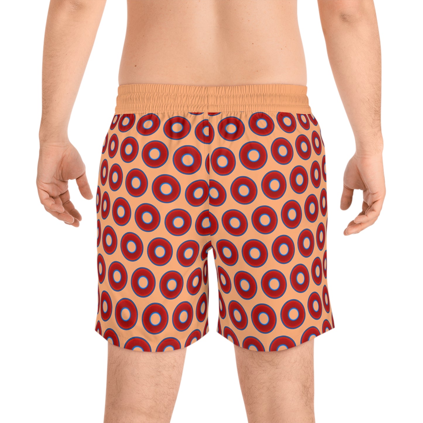 Men's Lumpy Swim Trunks - vivid red donut print w/peach background