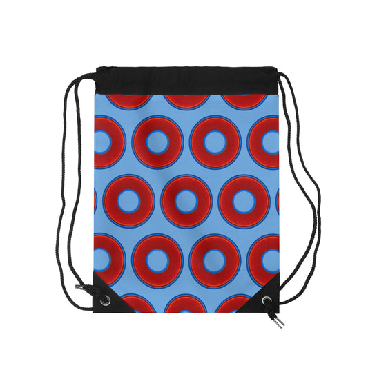 Lumpy Donut Drawstring Bag - red vivid donuts print w/light blue background