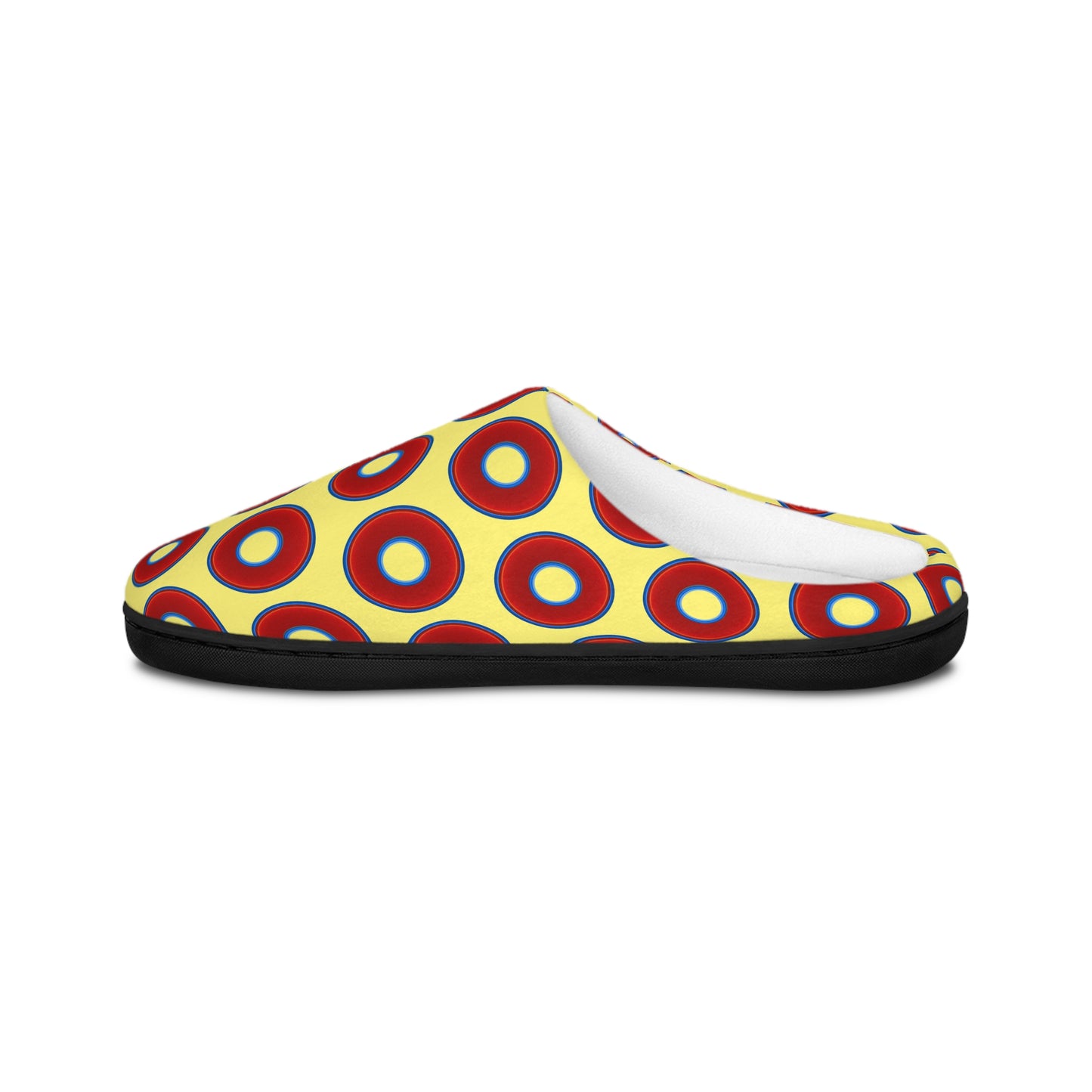 Women's Lumpy Slippers - red vivid donut print w/yellow background