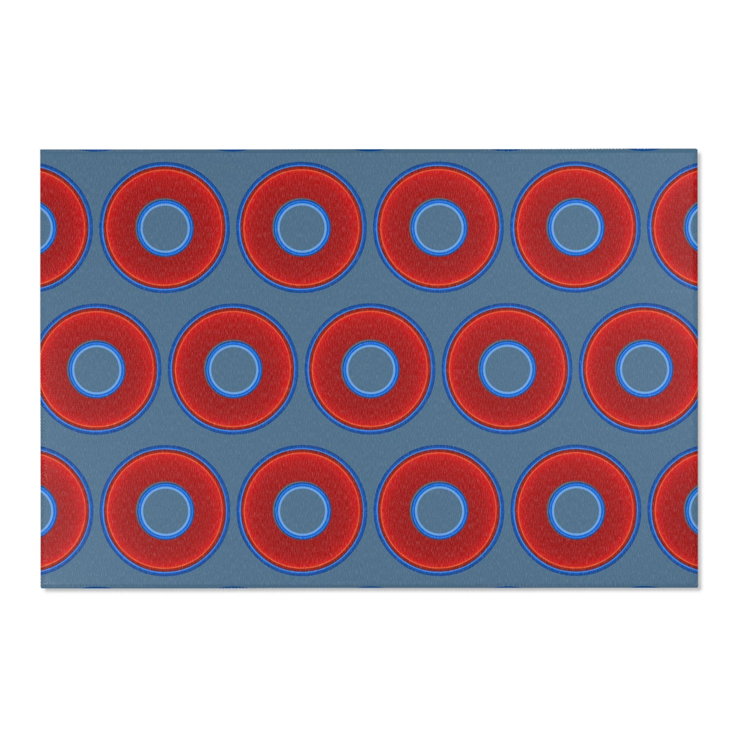 Lumpy Donut Print Rug - choice of 3 sizes - vivid red donut print w/steel blue background