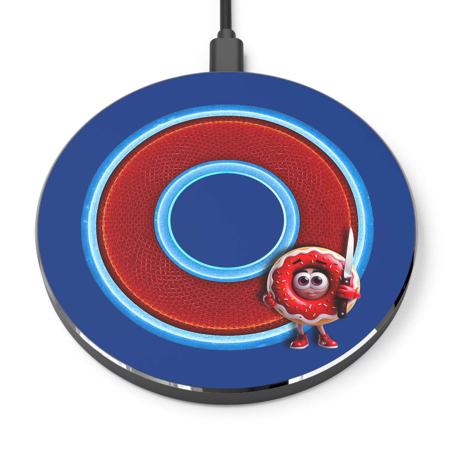 The Flow - Wireless Lumpy Donut Chargers - "My Phreind the Wireless Donut Charger" - rustic red/light blue donut w/dark blue background - variant 1