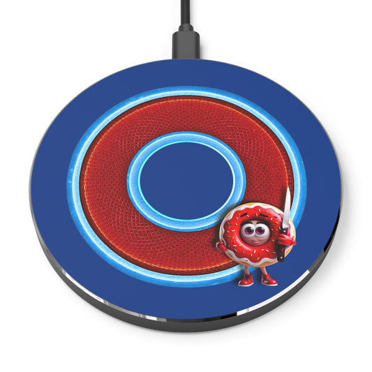 The Flow - Wireless Lumpy Donut Chargers - "My Phreind the Wireless Donut Charger" - rustic red/light blue donut w/dark blue background - variant 1