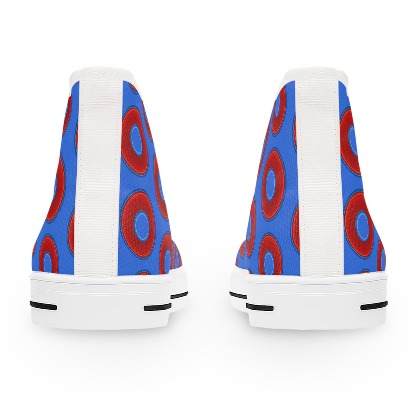 Women's High Top Chuck Taylors - large vivid red donut print w/medium royal blue background