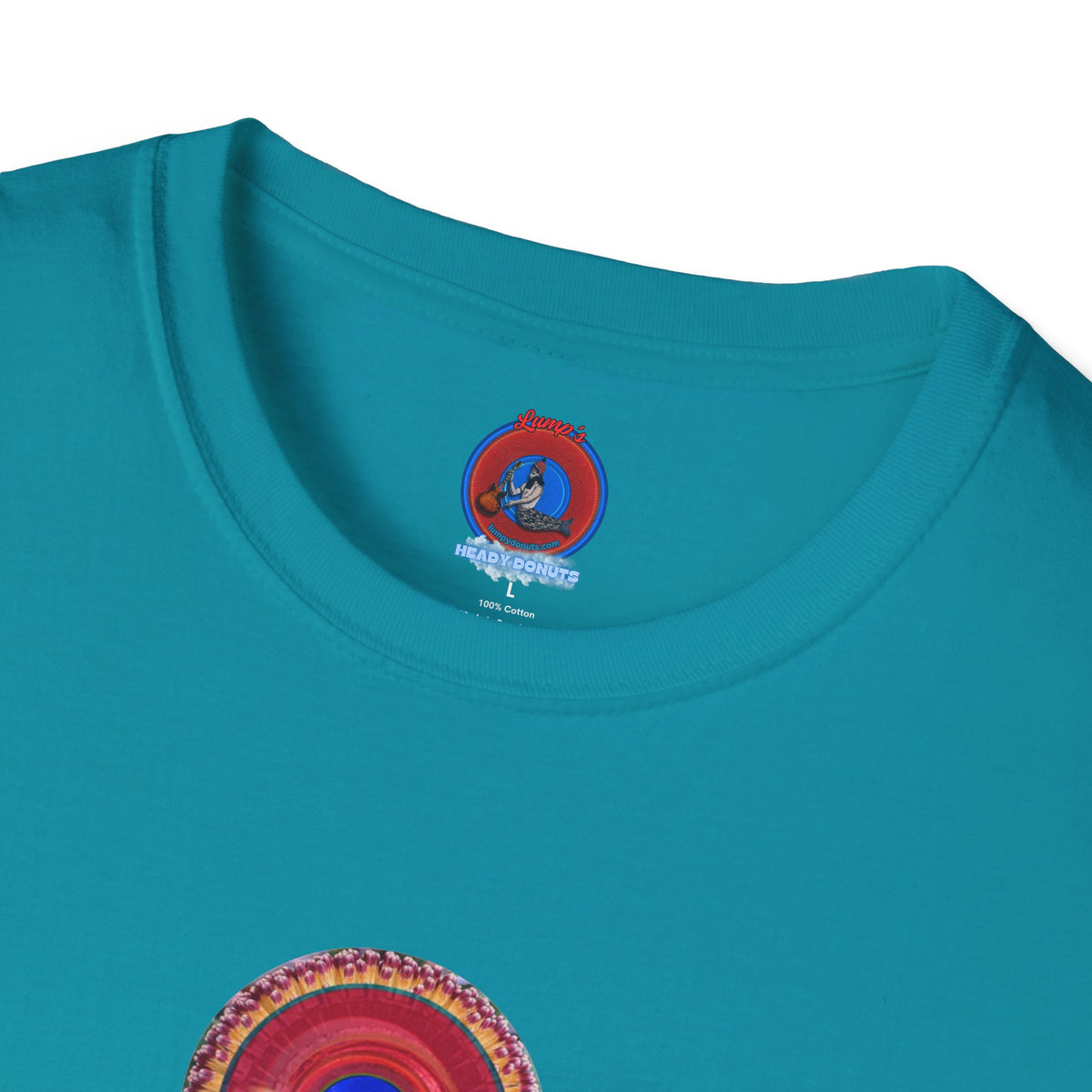 Classic Donut Tee - Unisex Soft-Style - "Smell the Donuts Outside on my Lawn"  " variant 2 - blue donut on red donut/flower
