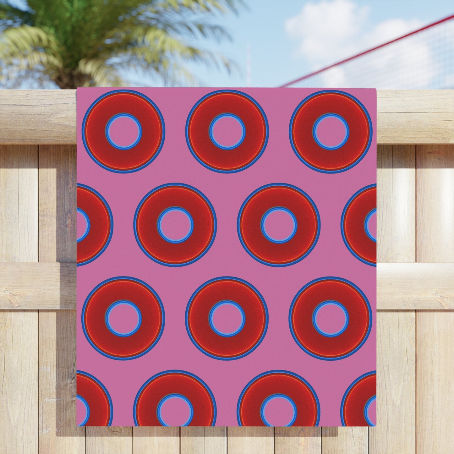 Lumpy Donut Towels - vivid red donuts w/pink background