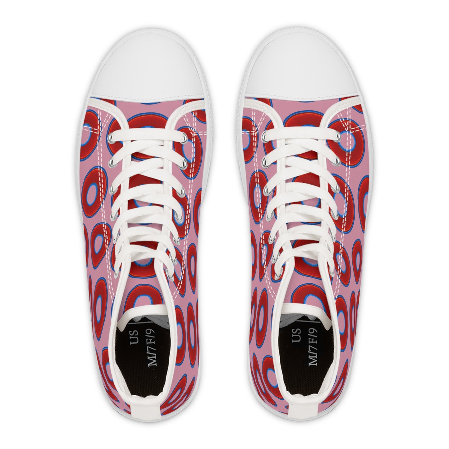 Women's High Top Chuck Taylors - large vivid red donut print w/pale magenta background