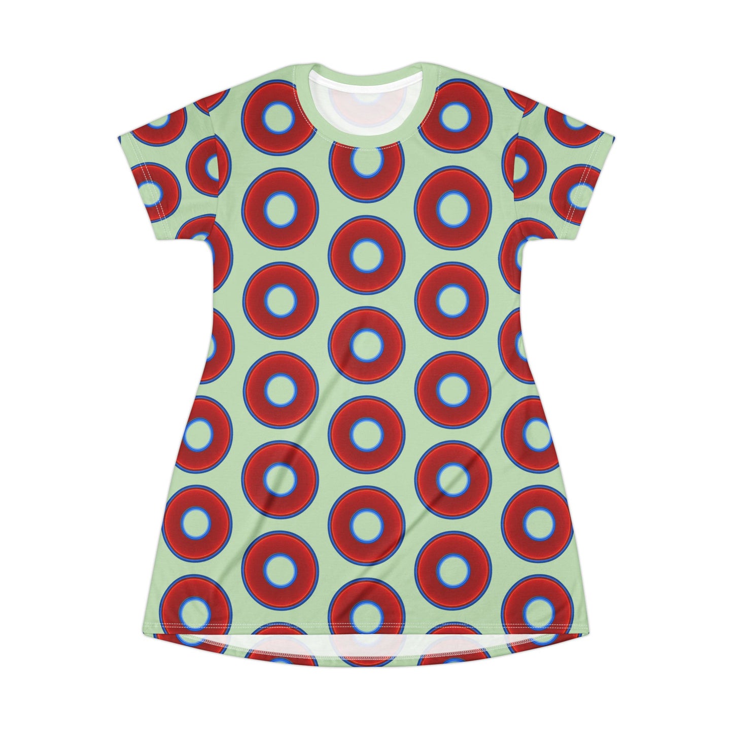 Not a Muumuu AOP Tee Shirt Dress - red vivid donuts w/seafoam green background
