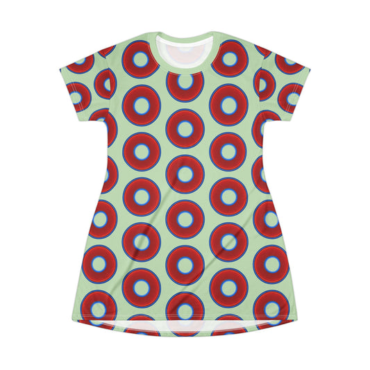 Not a Muumuu AOP Tee Shirt Dress - red vivid donuts w/seafoam green background