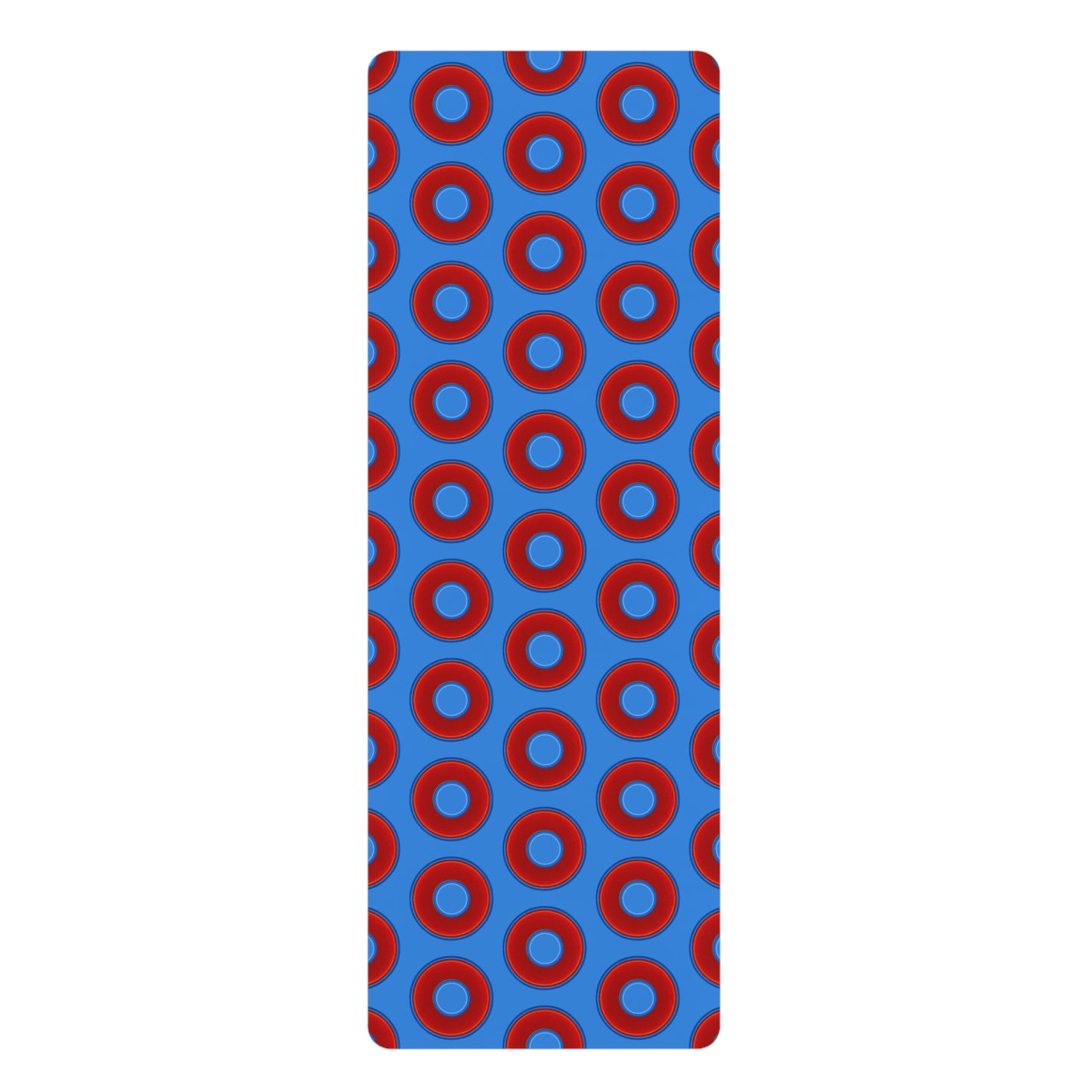 Lumpy Donut Yoga Mat :) - 24″ x 70" - vivid red donut print w/light royal blue background