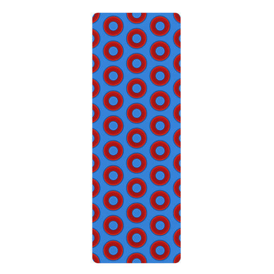 Lumpy Donut Yoga Mat :) - 24″ x 70" - vivid red donut print w/light royal blue background
