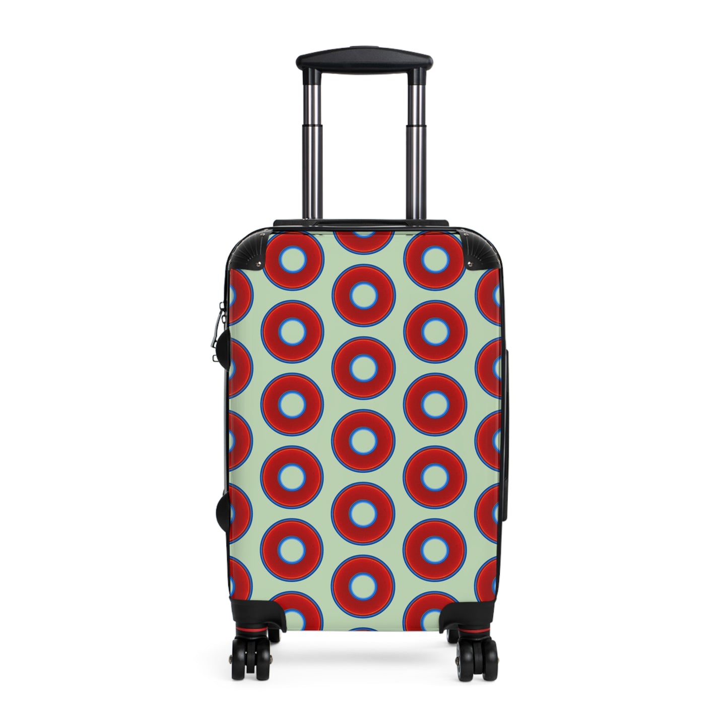 The Very Lumpy Donut Suitcase series - your choice of S, M or L - vivid red donut print w/seafoam background